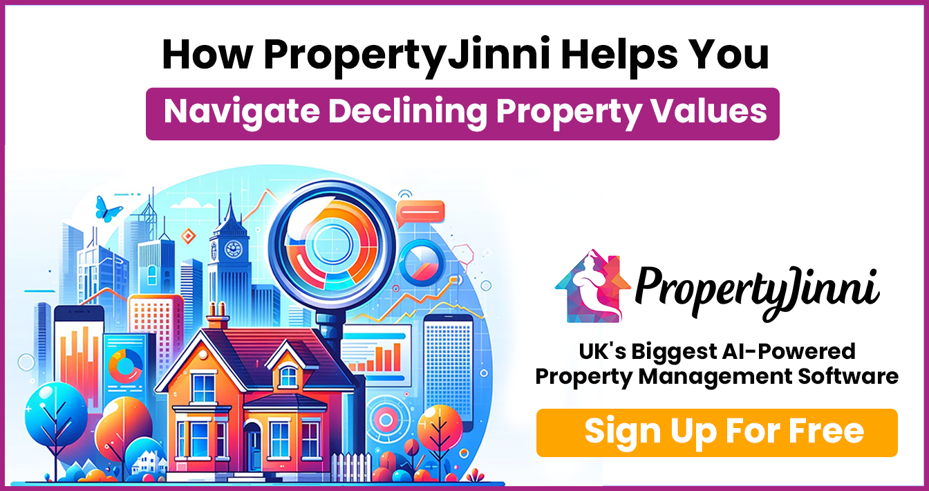 UK cityscape with AI property management concept, featuring a magnifying glass over a house and digital analytics graphs, highlighting PropertyJinni's software capabilities for real estate value analysis and management solutions.